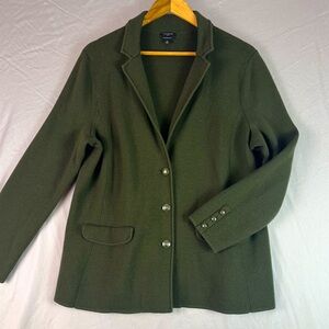 Talbots Plus Merino Wool Sweater Blazer Womens 1X Olive Green Knit Cardigan